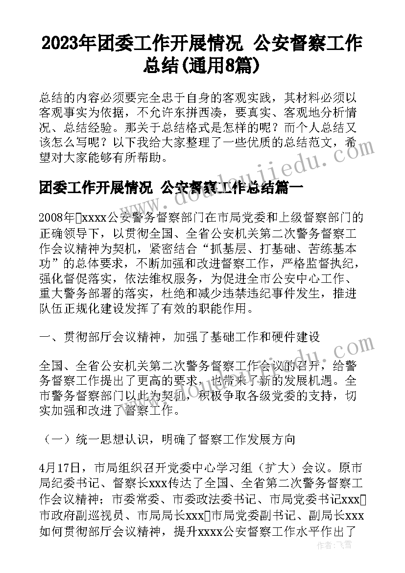 2023年团委工作开展情况 公安督察工作总结(通用8篇)