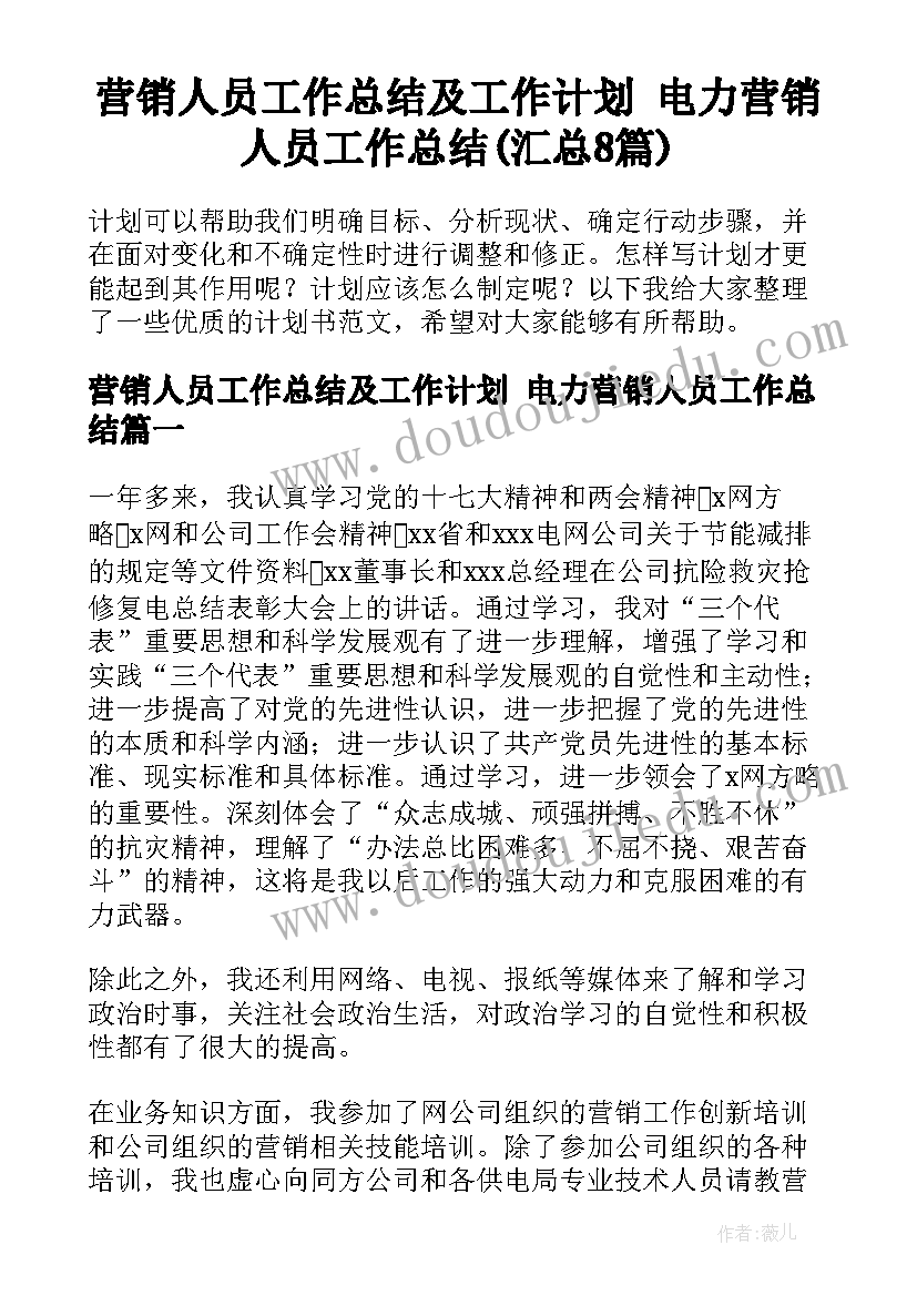 营销人员工作总结及工作计划 电力营销人员工作总结(汇总8篇)