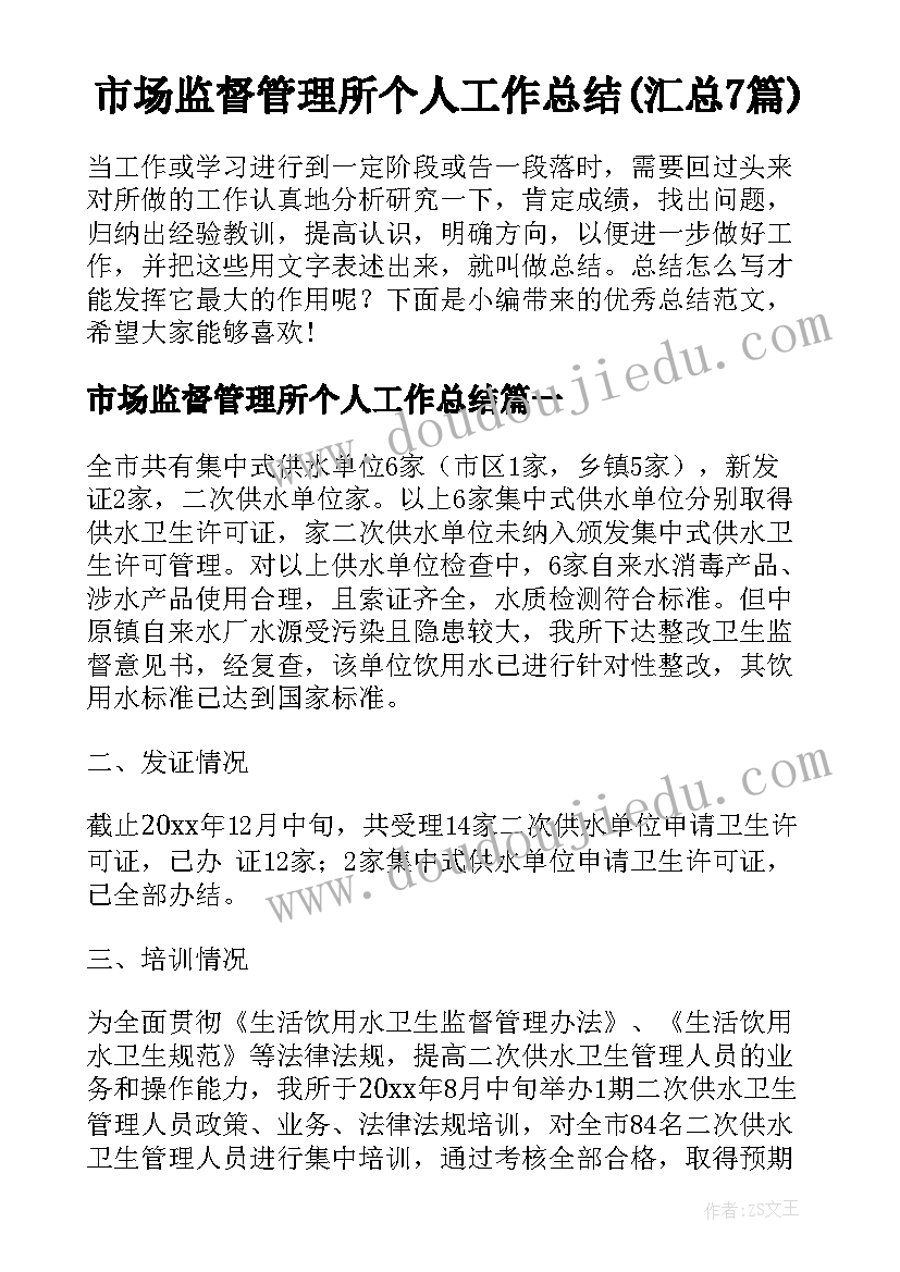 市场监督管理所个人工作总结(汇总7篇)