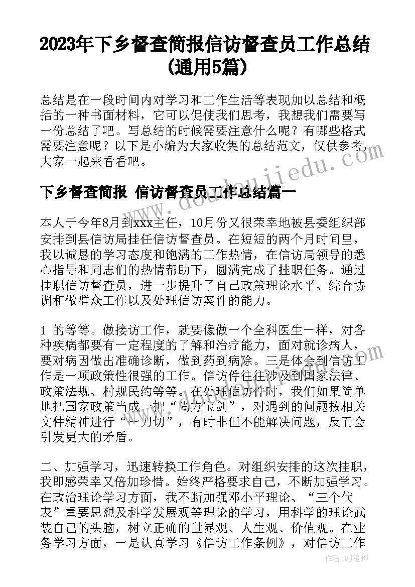 2023年下乡督查简报 信访督查员工作总结(通用5篇)