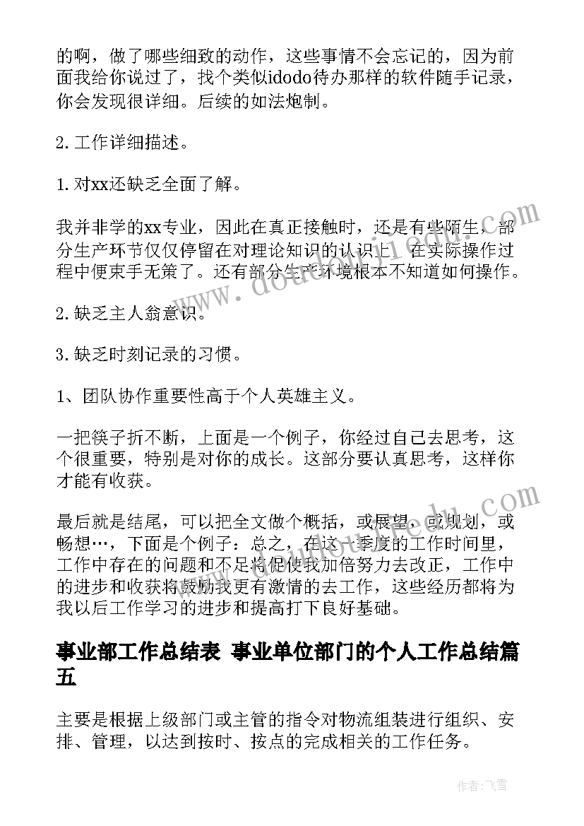 2023年事业部工作总结表 事业单位部门的个人工作总结(精选5篇)