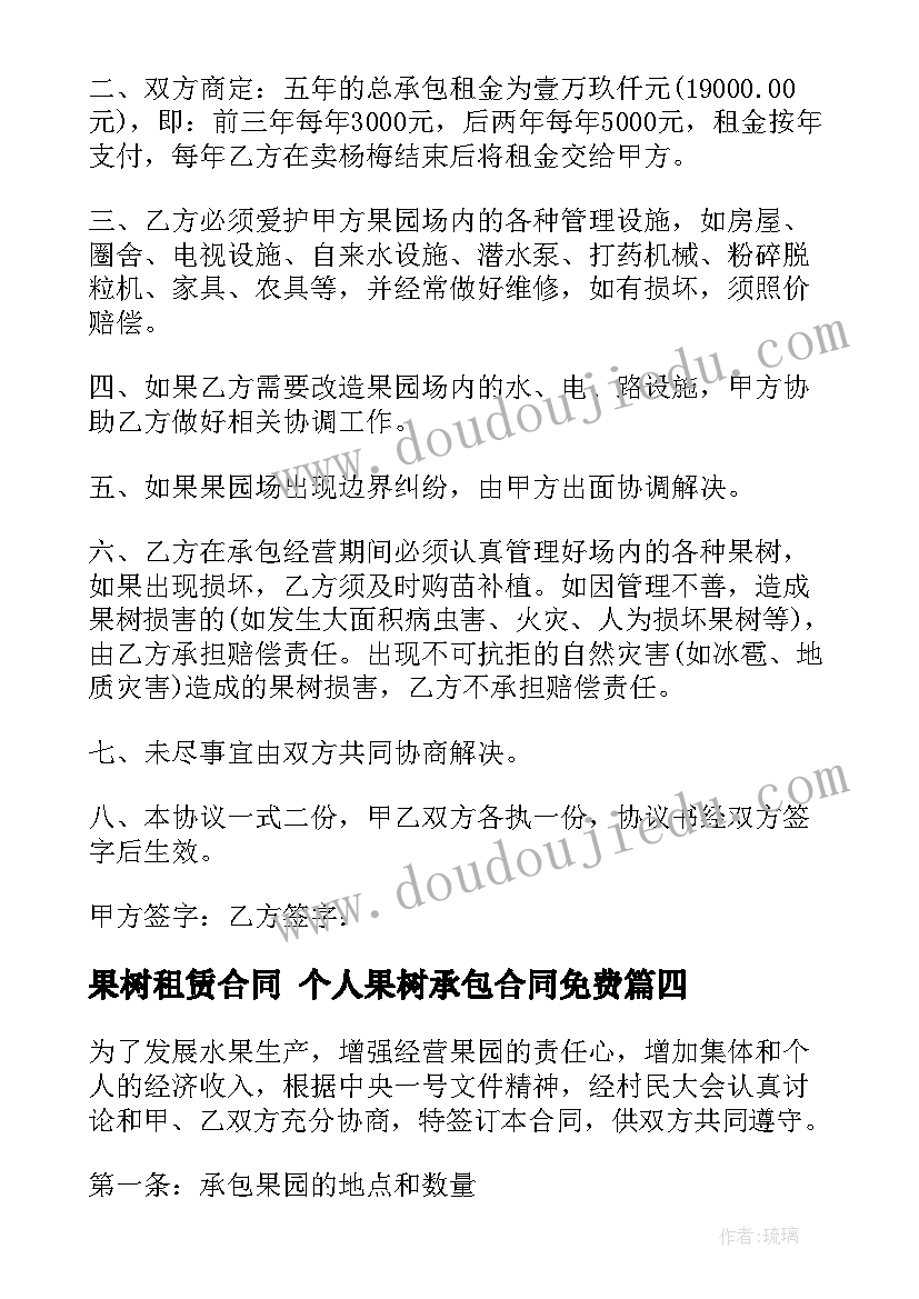 果树租赁合同 个人果树承包合同免费(优质5篇)