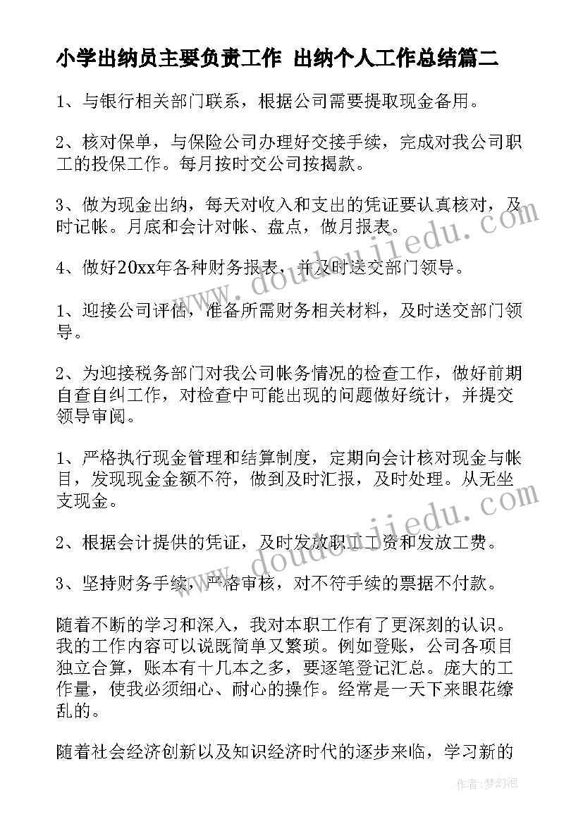 2023年小学出纳员主要负责工作 出纳个人工作总结(精选7篇)