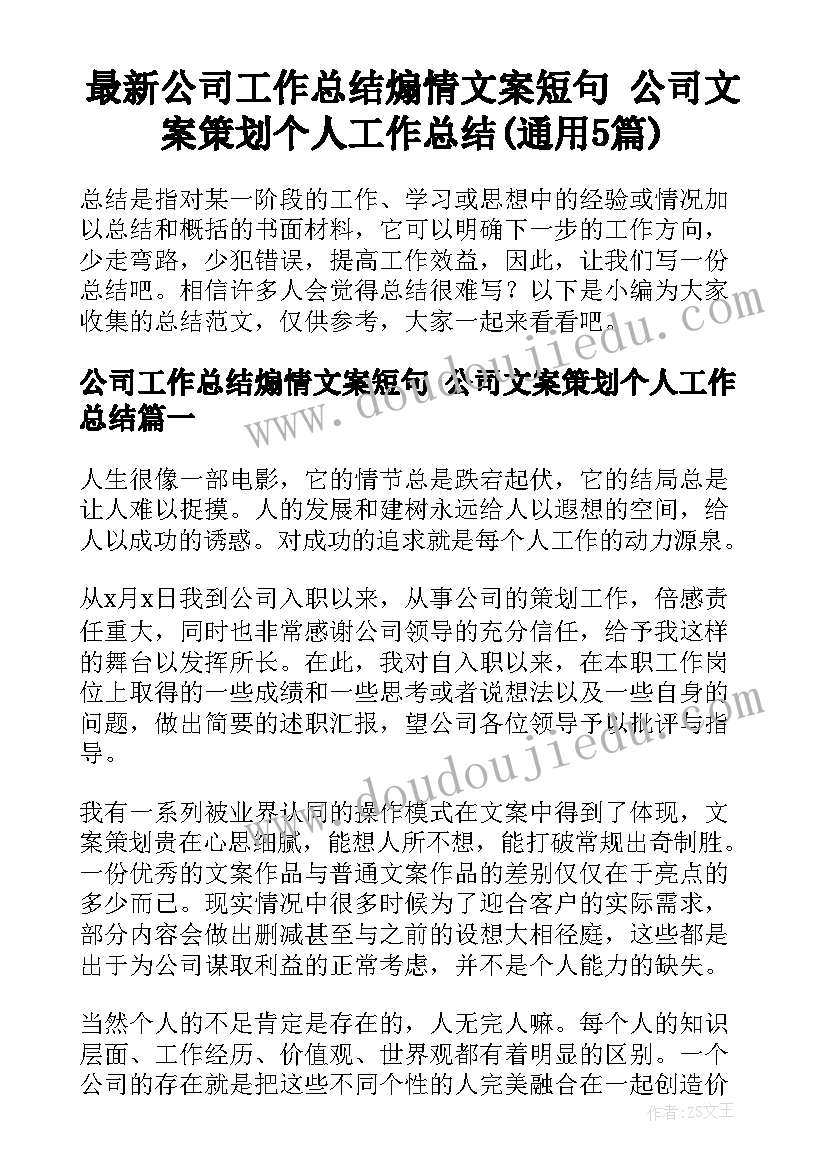 最新公司工作总结煽情文案短句 公司文案策划个人工作总结(通用5篇)