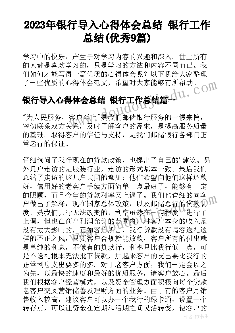 2023年银行导入心得体会总结 银行工作总结(优秀9篇)