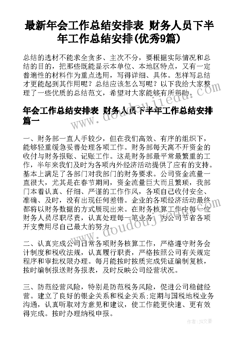 最新年会工作总结安排表 财务人员下半年工作总结安排(优秀9篇)