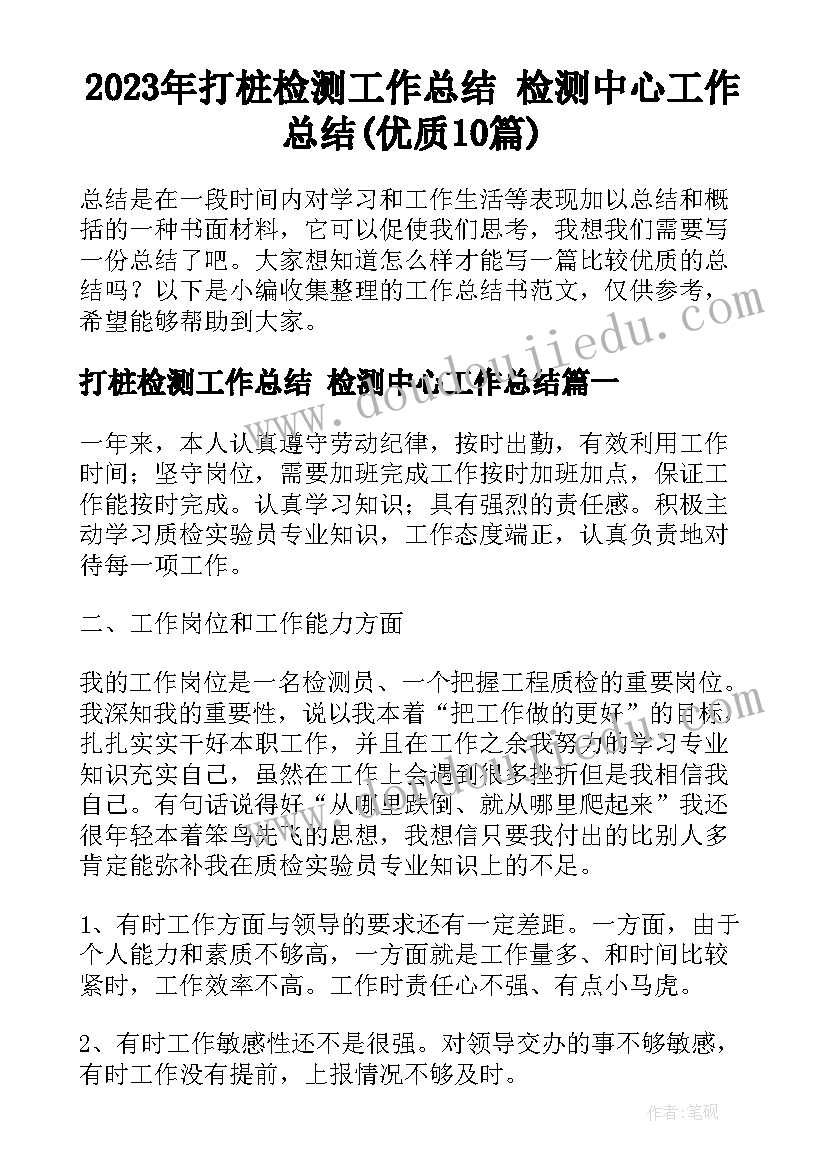 2023年打桩检测工作总结 检测中心工作总结(优质10篇)