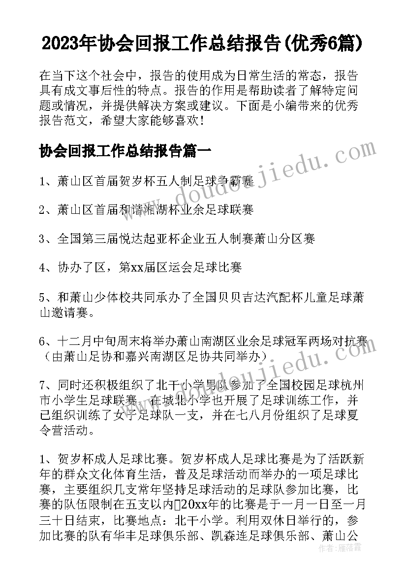 2023年协会回报工作总结报告(优秀6篇)