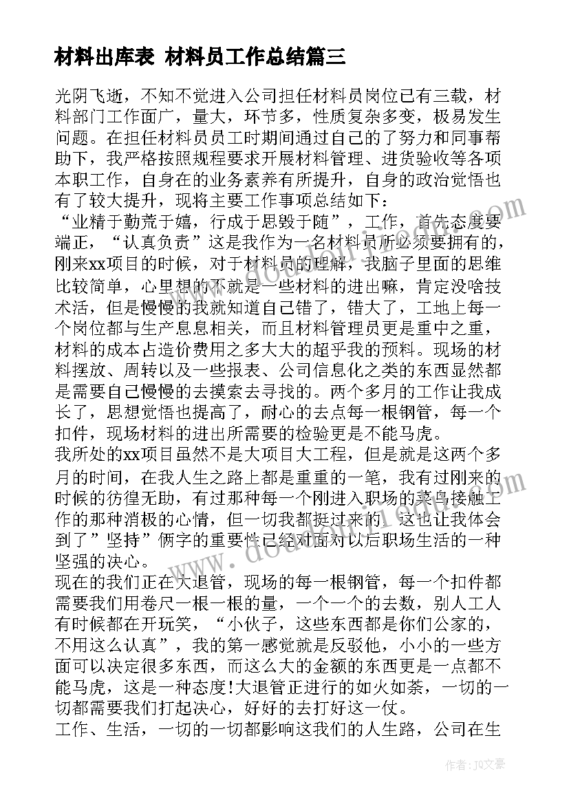 最新材料出库表 材料员工作总结(优秀10篇)