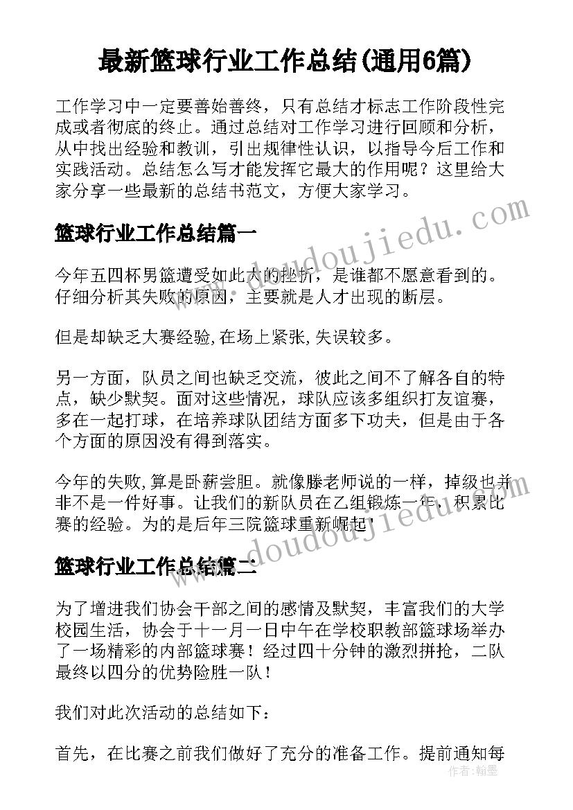 最新篮球行业工作总结(通用6篇)