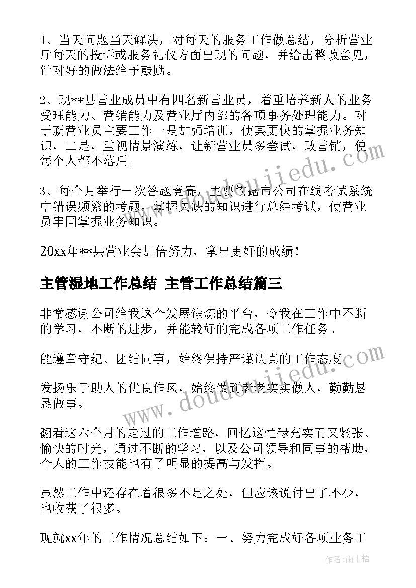 最新主管湿地工作总结 主管工作总结(实用5篇)