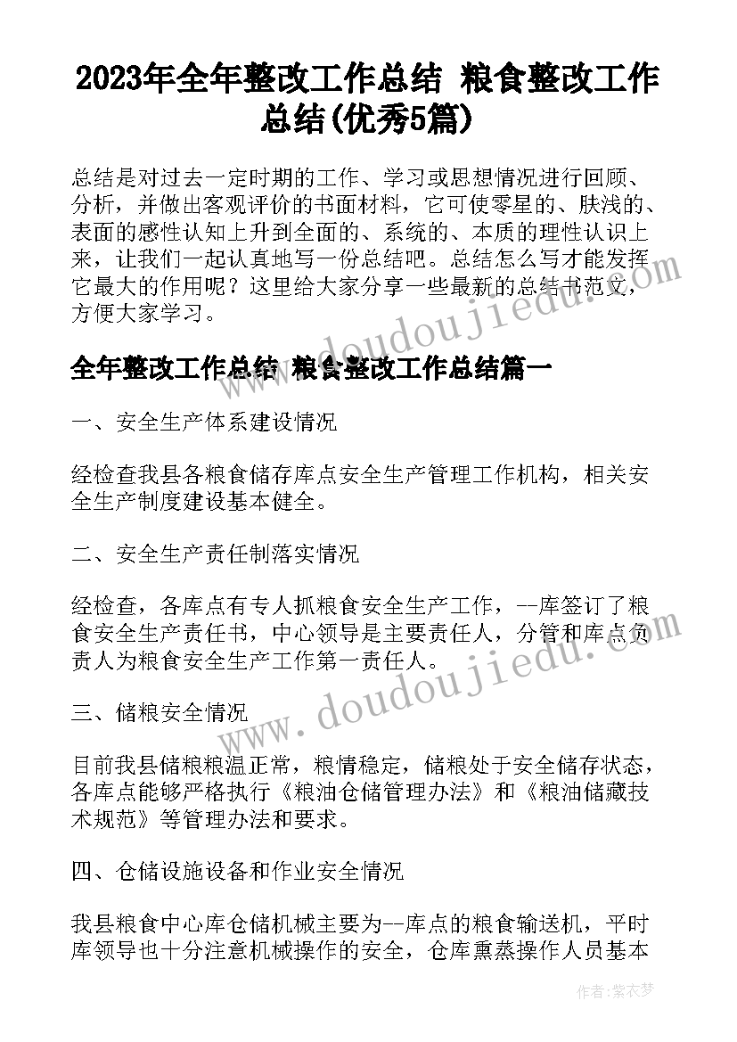 2023年全年整改工作总结 粮食整改工作总结(优秀5篇)