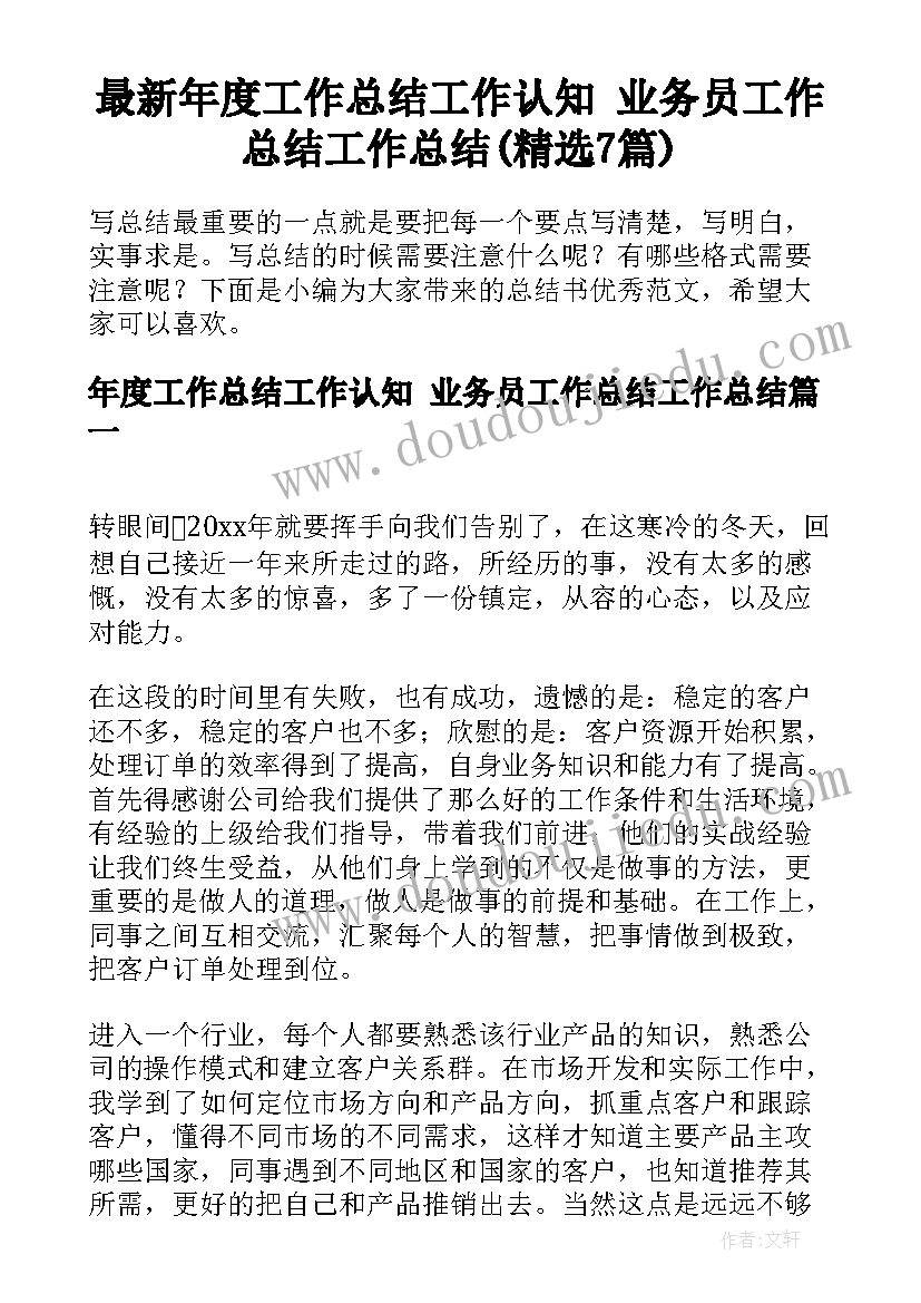 最新年度工作总结工作认知 业务员工作总结工作总结(精选7篇)