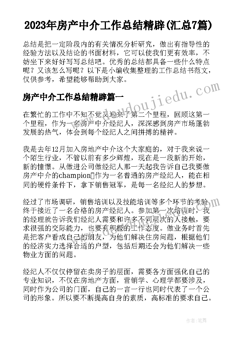 2023年房产中介工作总结精辟(汇总7篇)