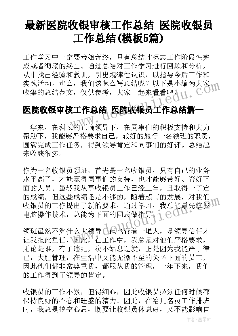 最新医院收银审核工作总结 医院收银员工作总结(模板5篇)