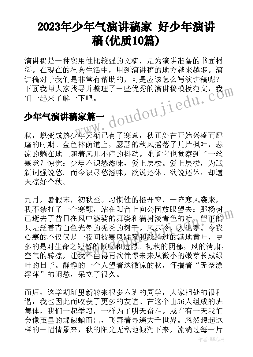 2023年少年气演讲稿家 好少年演讲稿(优质10篇)