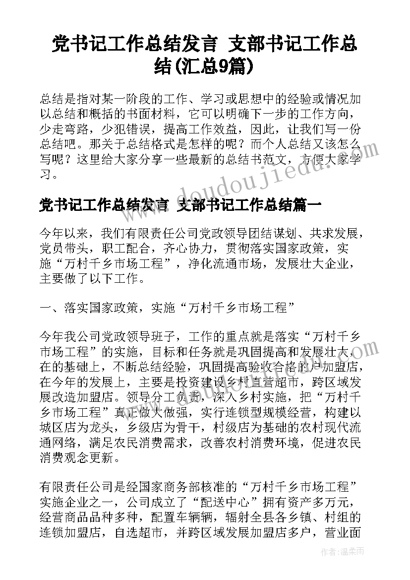 党书记工作总结发言 支部书记工作总结(汇总9篇)