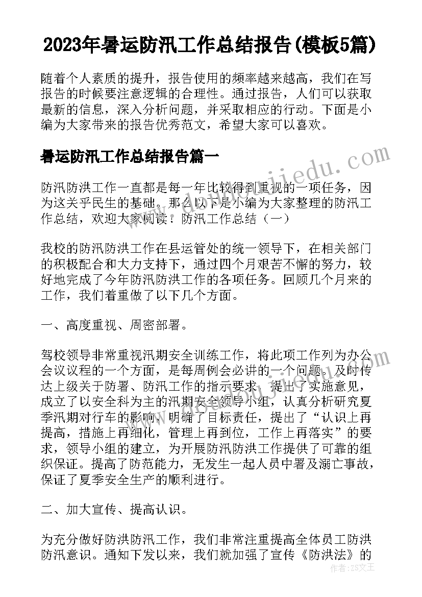 2023年暑运防汛工作总结报告(模板5篇)