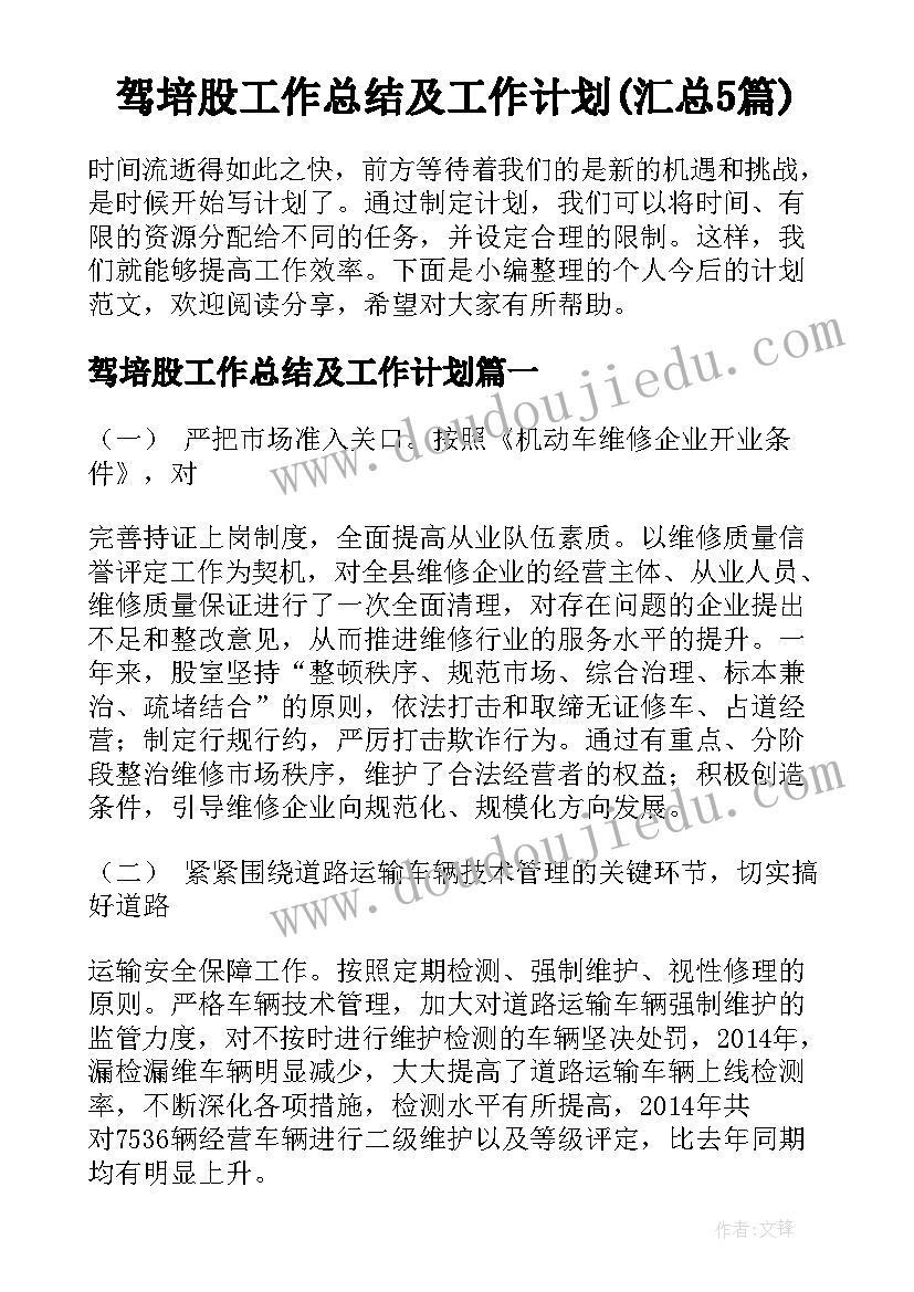 驾培股工作总结及工作计划(汇总5篇)