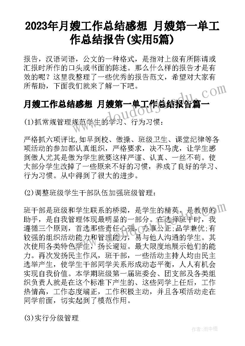 2023年月嫂工作总结感想 月嫂第一单工作总结报告(实用5篇)