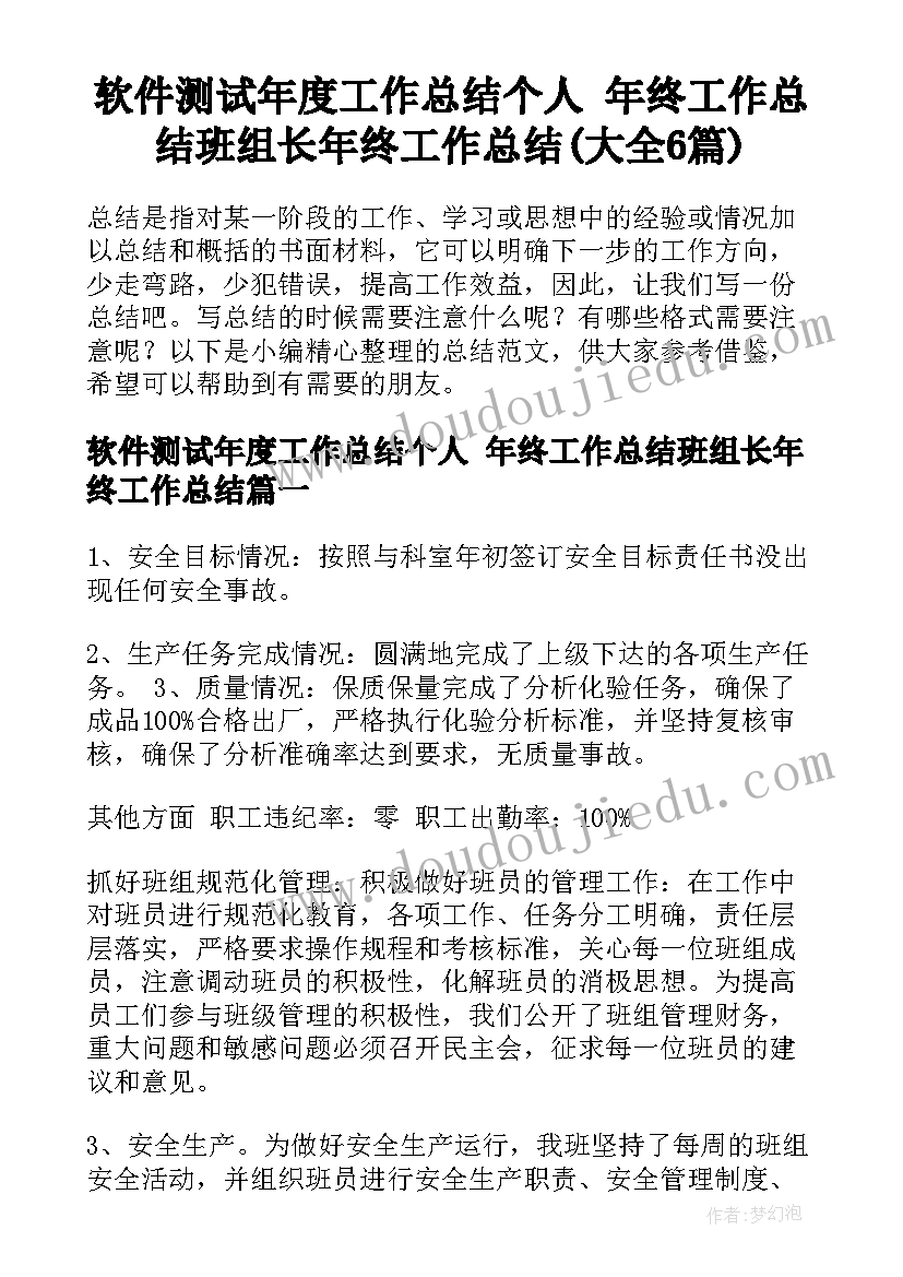 软件测试年度工作总结个人 年终工作总结班组长年终工作总结(大全6篇)