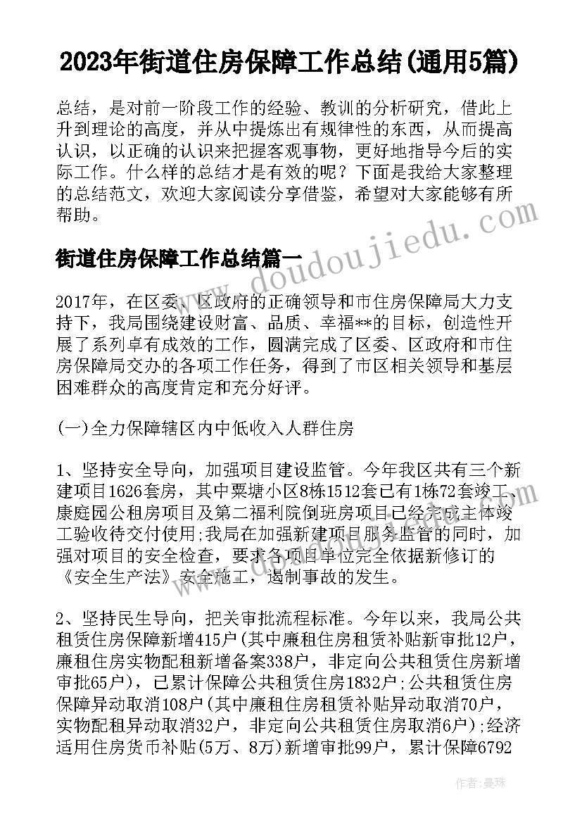 2023年街道住房保障工作总结(通用5篇)