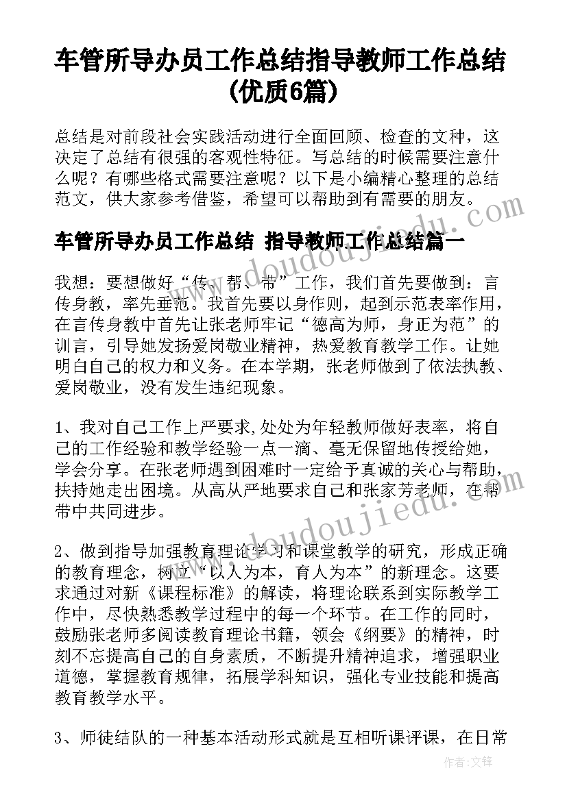 车管所导办员工作总结 指导教师工作总结(优质6篇)