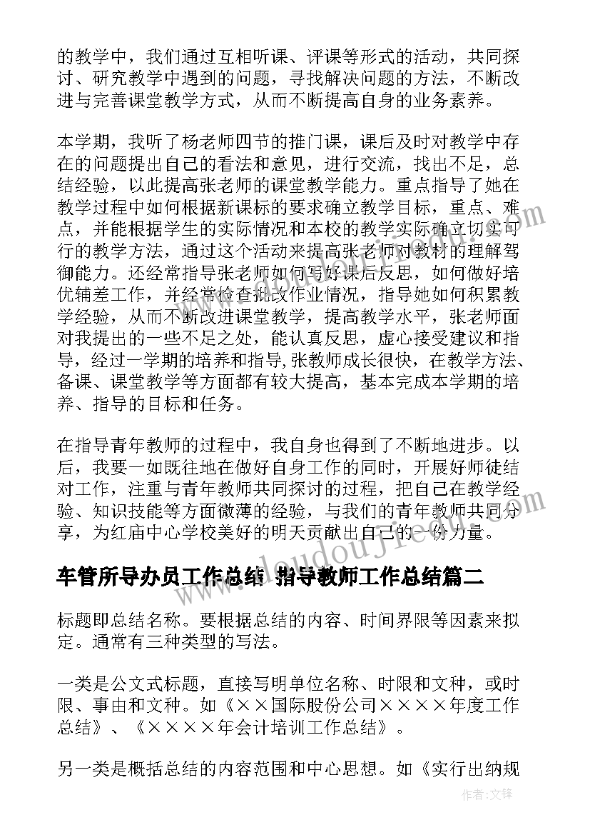 车管所导办员工作总结 指导教师工作总结(优质6篇)