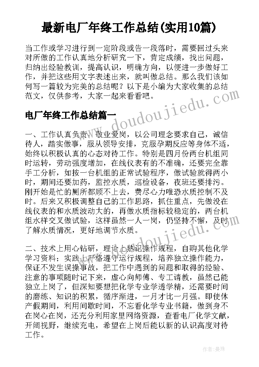 最新电厂年终工作总结(实用10篇)