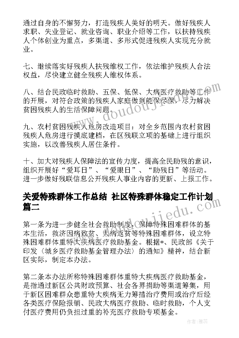 最新关爱特殊群体工作总结 社区特殊群体稳定工作计划(汇总5篇)