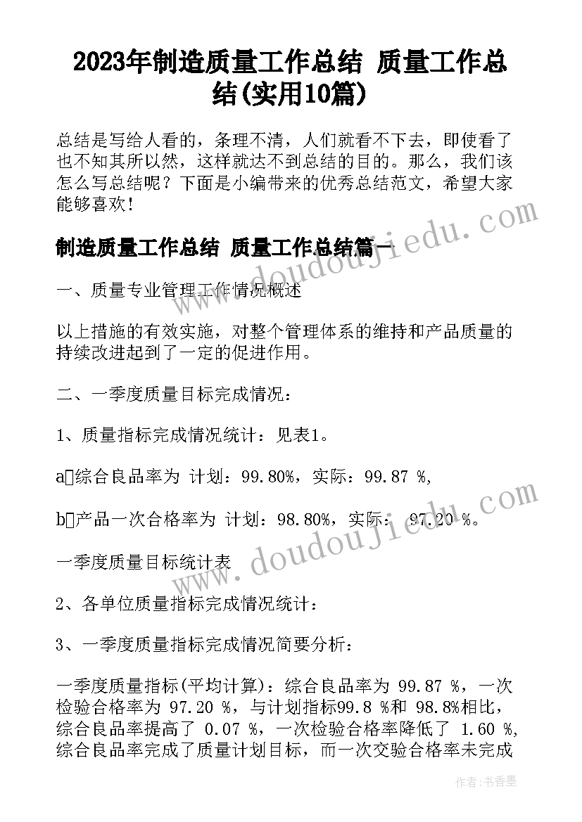 2023年制造质量工作总结 质量工作总结(实用10篇)