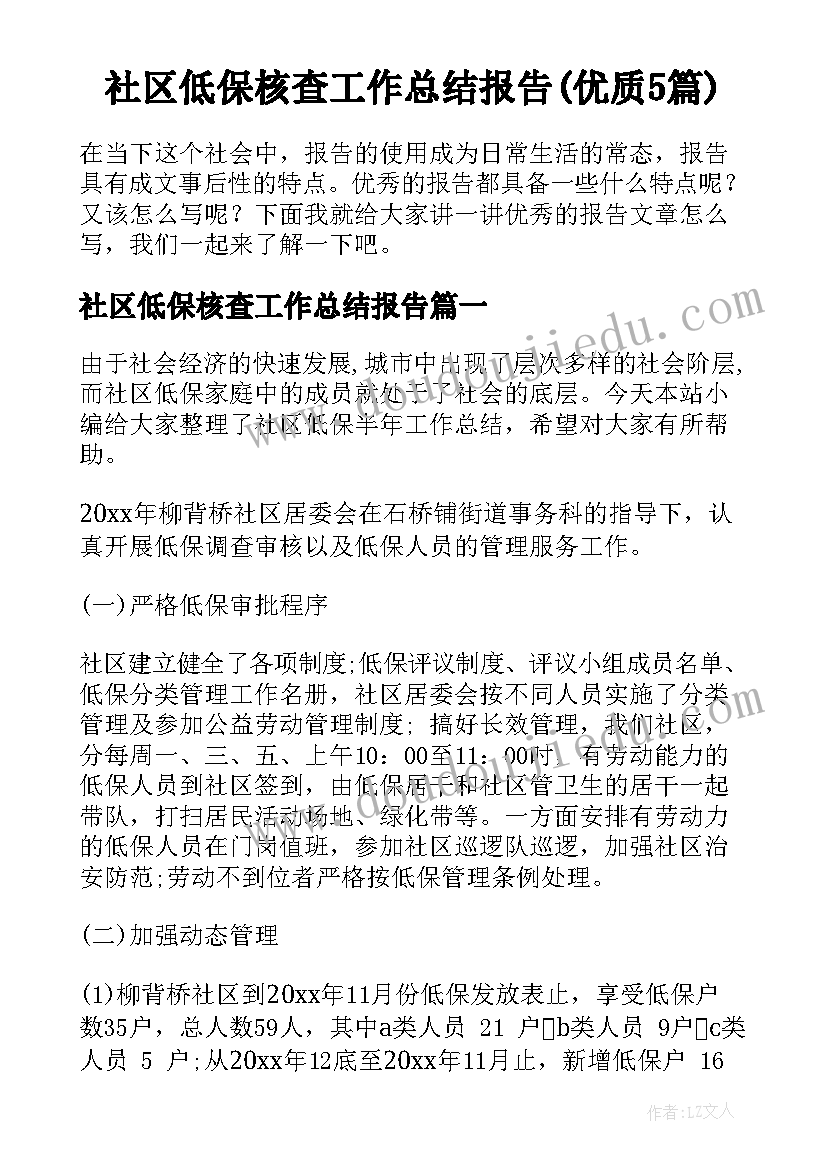 社区低保核查工作总结报告(优质5篇)