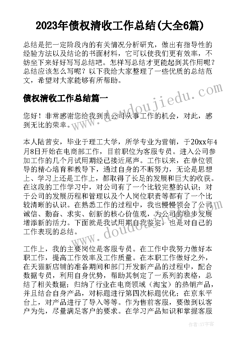 2023年债权清收工作总结(大全6篇)