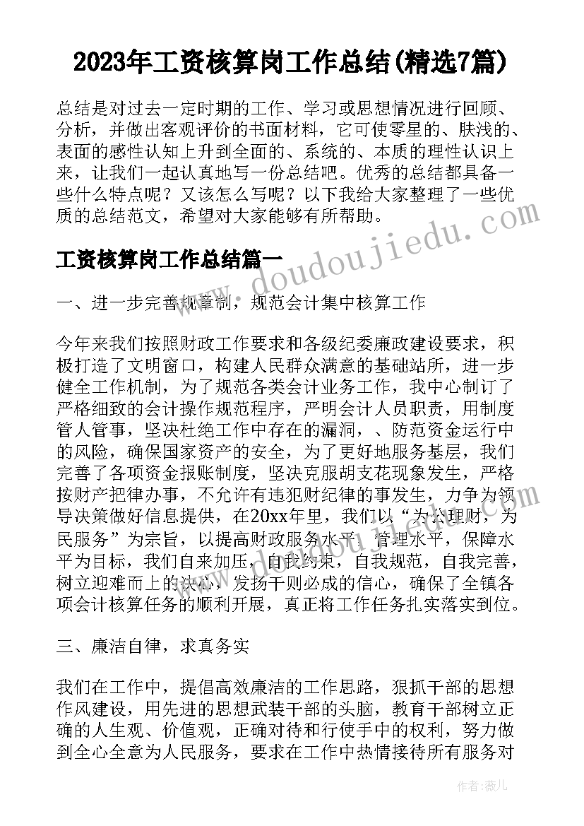 2023年工资核算岗工作总结(精选7篇)