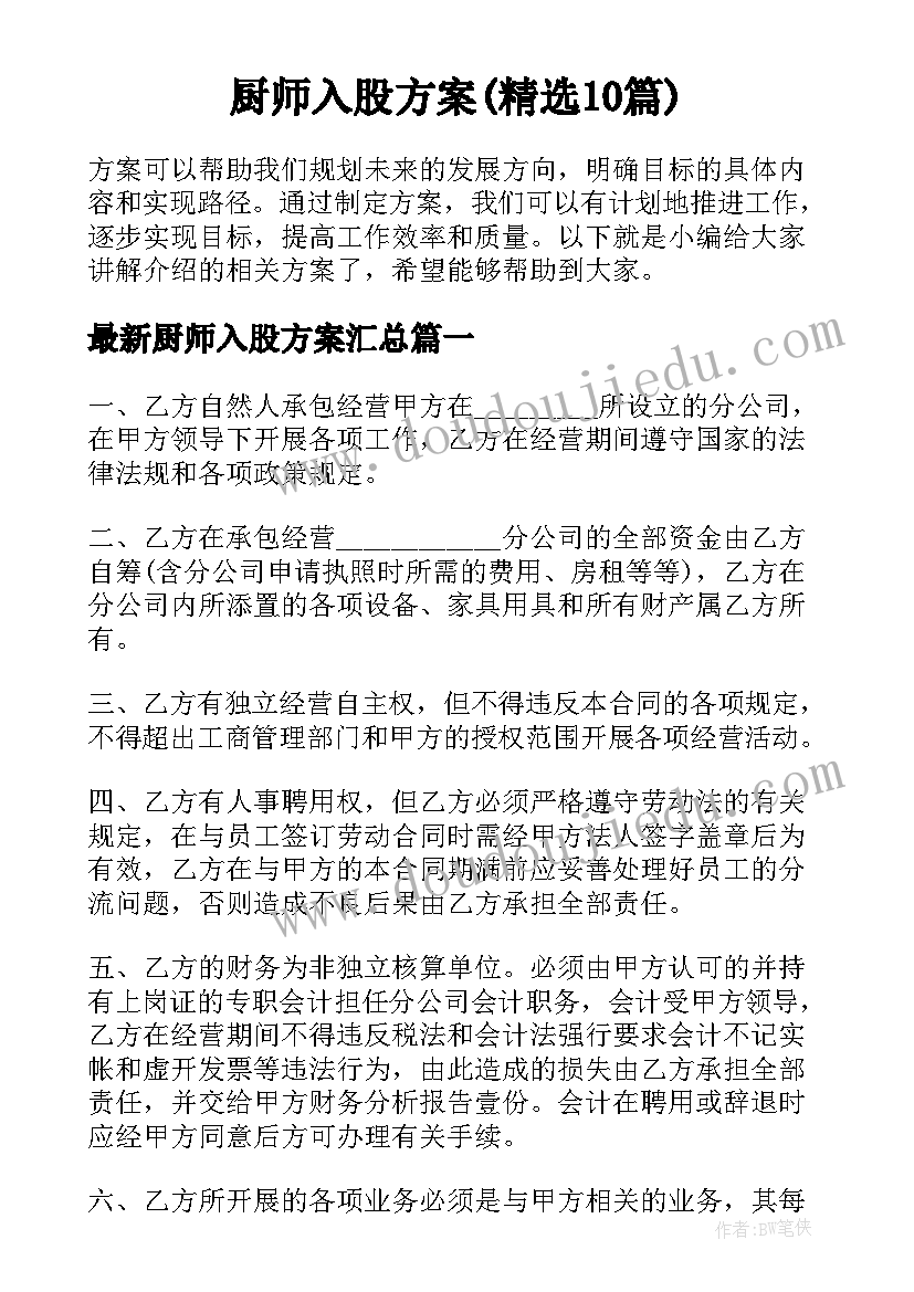 厨师入股方案(精选10篇)