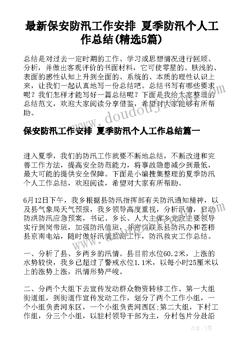 最新保安防汛工作安排 夏季防汛个人工作总结(精选5篇)