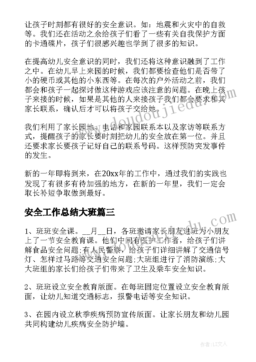 最新安全工作总结大班(模板9篇)