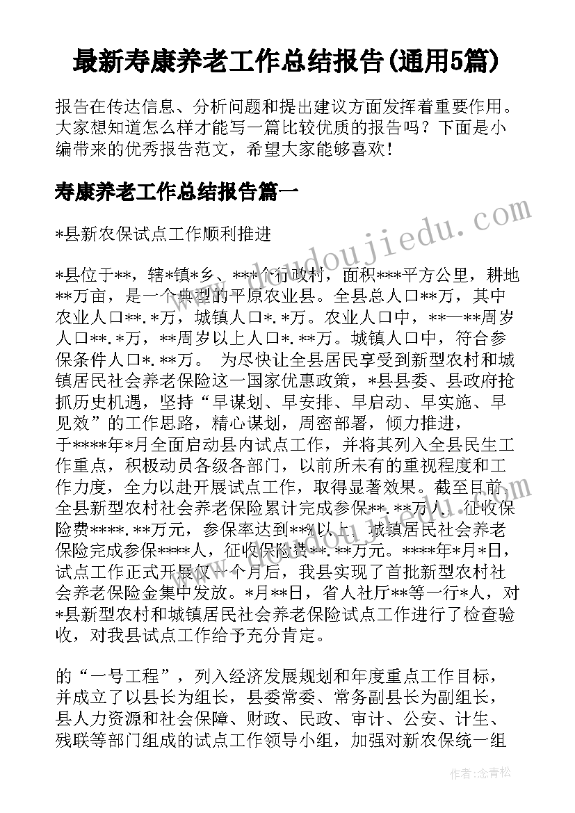 最新寿康养老工作总结报告(通用5篇)