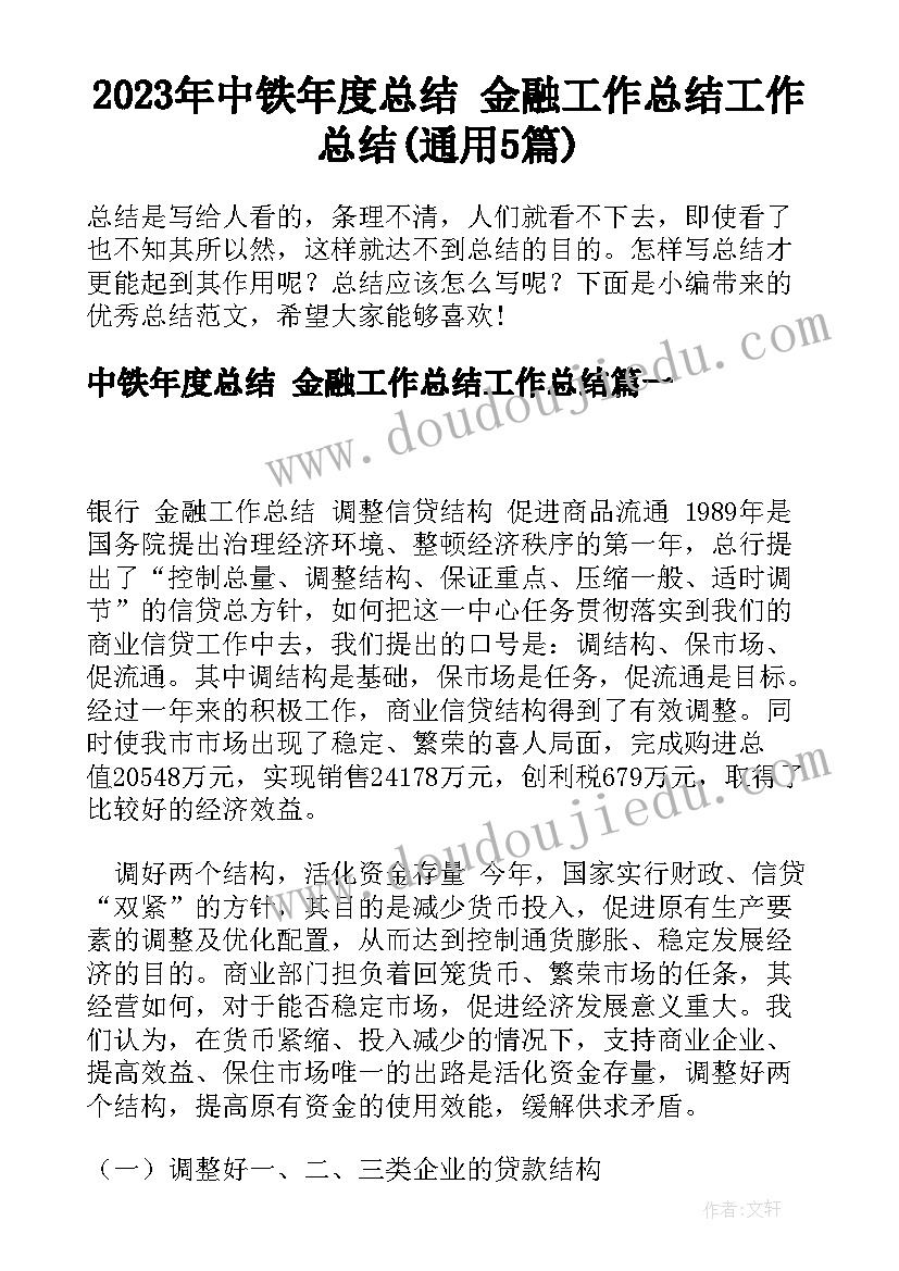 2023年中铁年度总结 金融工作总结工作总结(通用5篇)