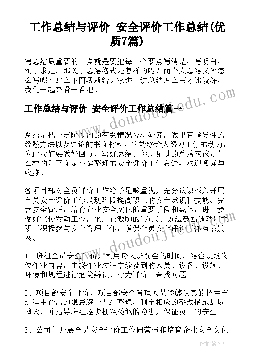 工作总结与评价 安全评价工作总结(优质7篇)