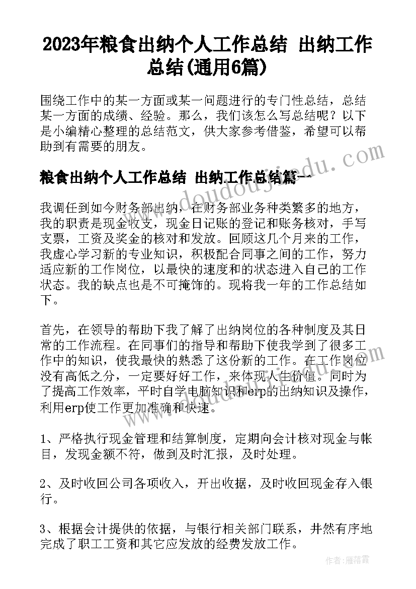 2023年粮食出纳个人工作总结 出纳工作总结(通用6篇)