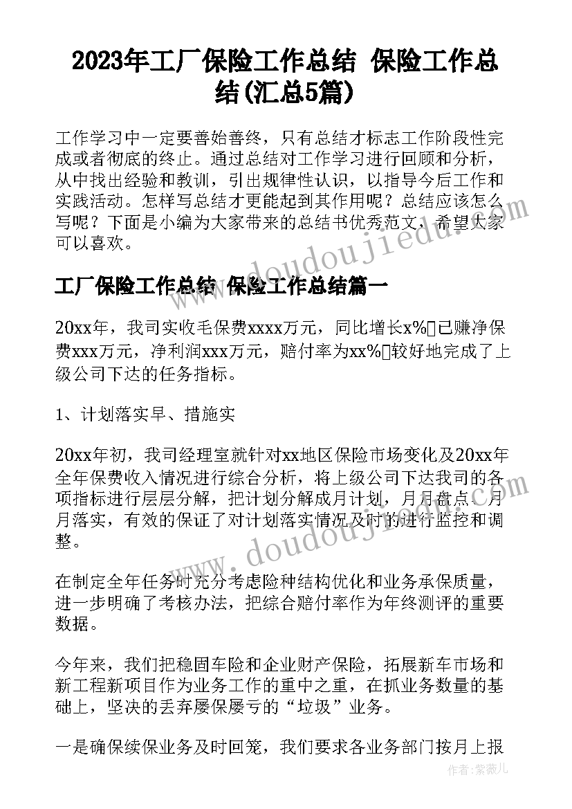 2023年工厂保险工作总结 保险工作总结(汇总5篇)