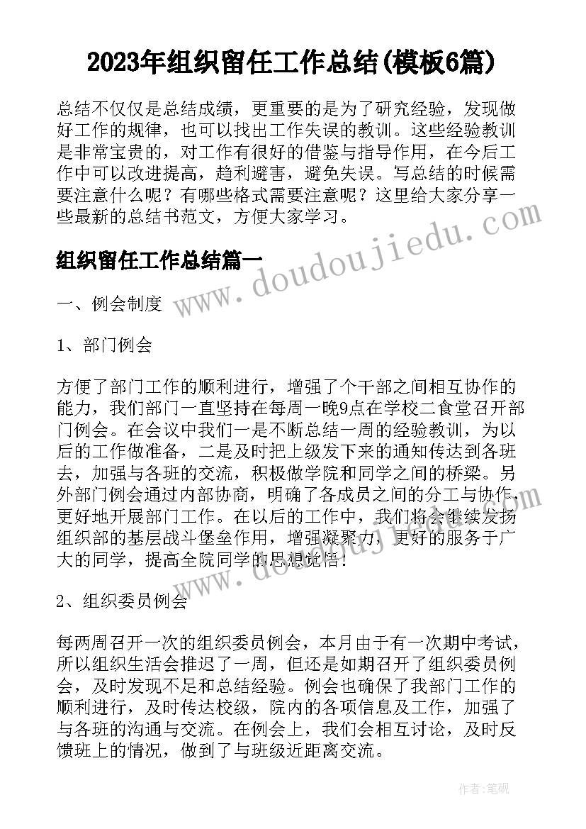 2023年组织留任工作总结(模板6篇)