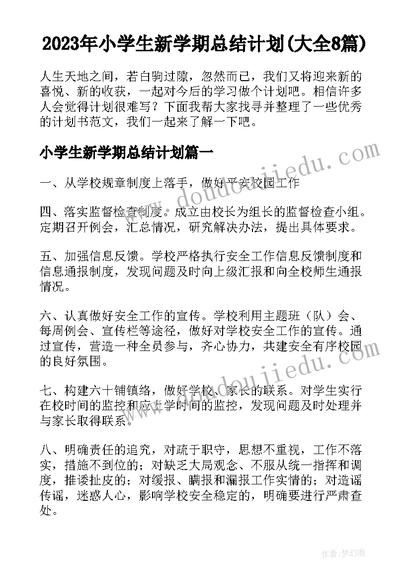 2023年小学生新学期总结计划(大全8篇)