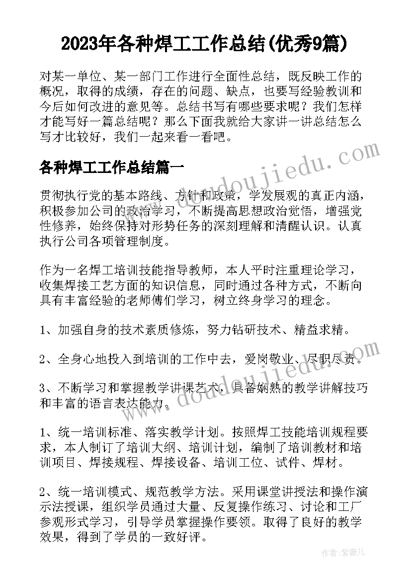 2023年各种焊工工作总结(优秀9篇)