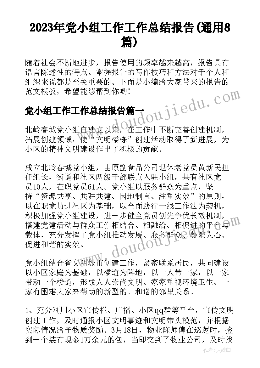 2023年党小组工作工作总结报告(通用8篇)