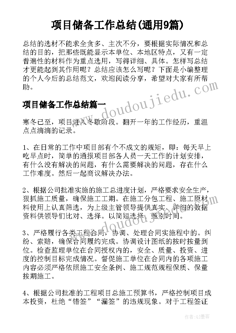 项目储备工作总结(通用9篇)