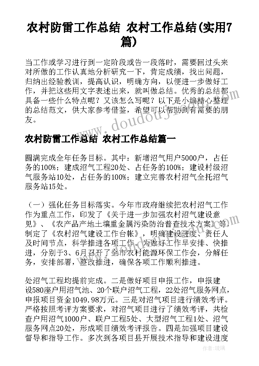 农村防雷工作总结 农村工作总结(实用7篇)