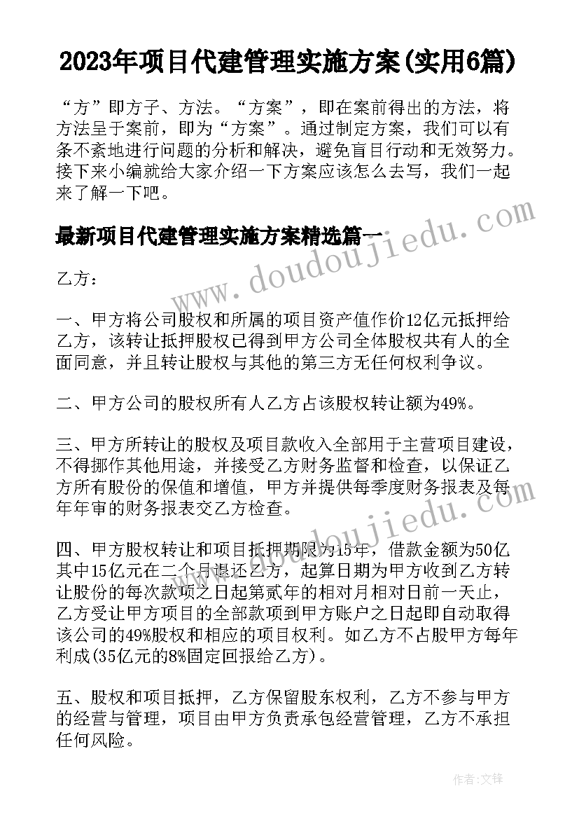 2023年项目代建管理实施方案(实用6篇)