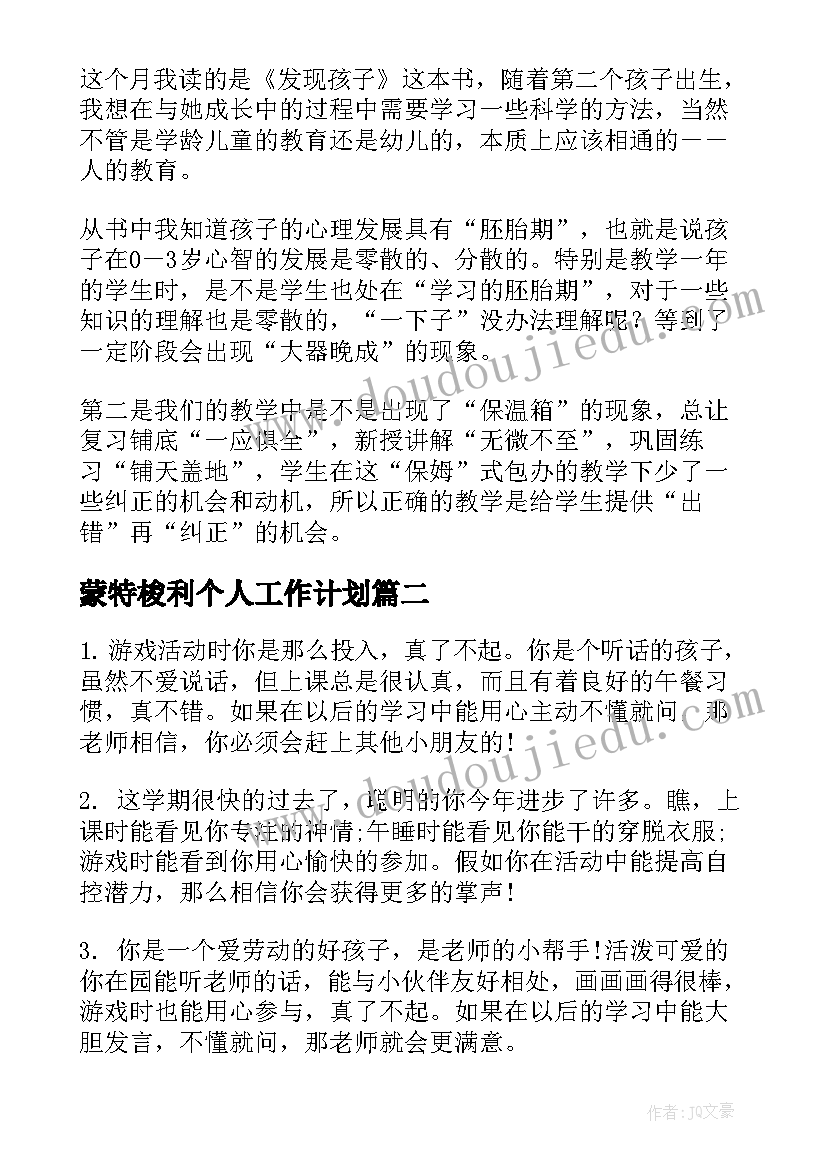 2023年蒙特梭利个人工作计划(大全5篇)